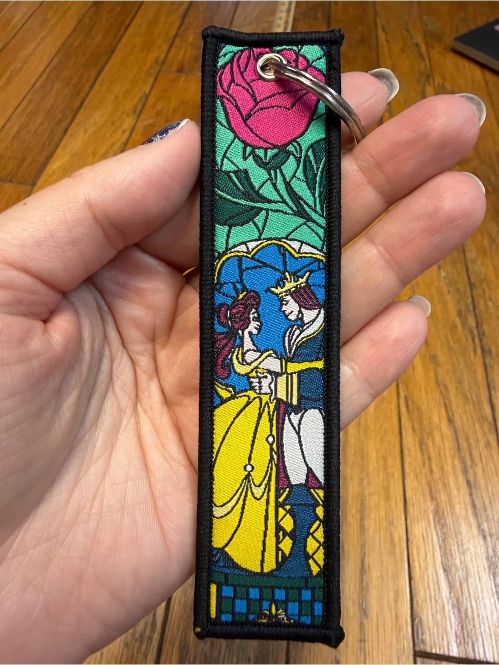 Beauty and the Beast Stained Glass Key Fob - Pink Rose & Yellow Dress